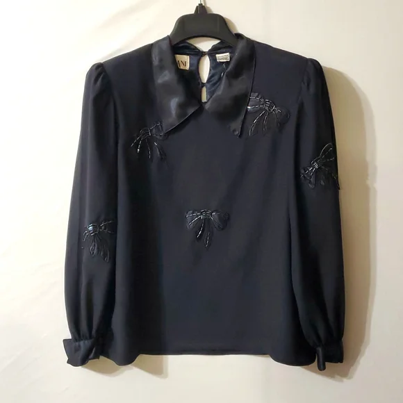Vintage Nilani Black Long Sleeve Satin Blouse with Beaded Bows Sz 2 - Picture 1 of 12